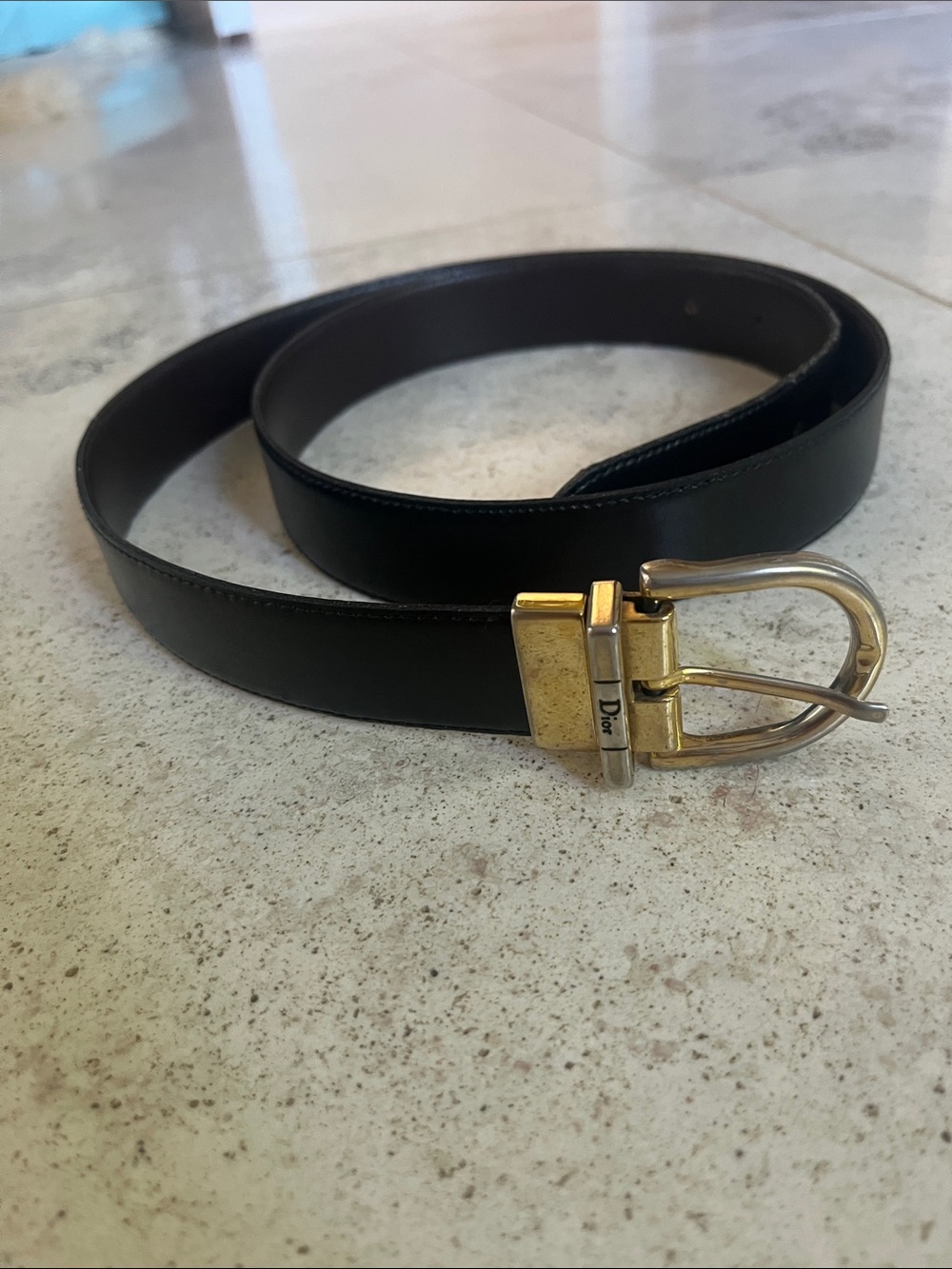 Vintage Dior Reversible Black/BrownLeather Belt with Gold and Silver-Tone Buckle
